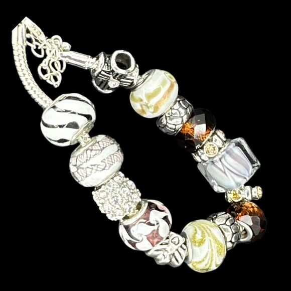 Charm Bracelet Glass Beads Metal Spacer Rib Style Chain Link - Picture 8 of 8